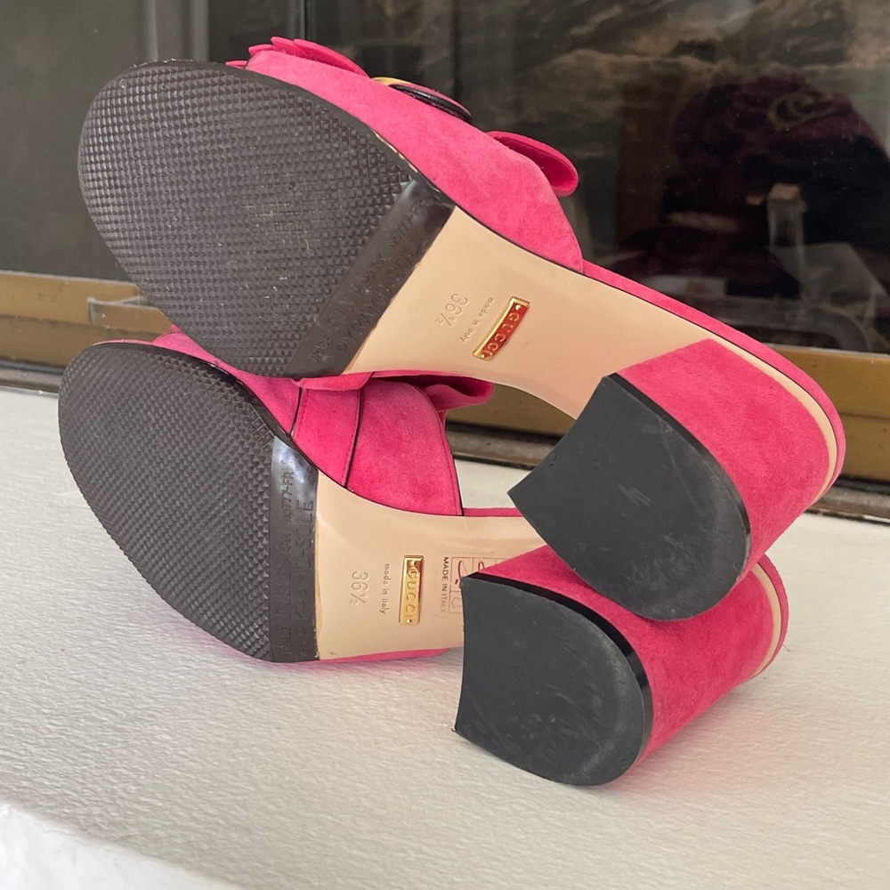 Gucci Hot Pink Suede Fringe Double G Block Heel Mules - Picture 14 of 16